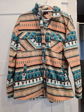 Aztec-Print Teddy Shacket in Teal & Peach
